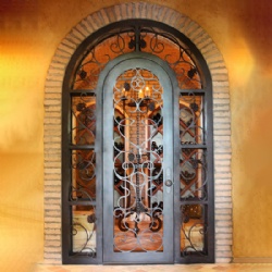 Arched Grape Vine Iron Front  Door With Sidelights